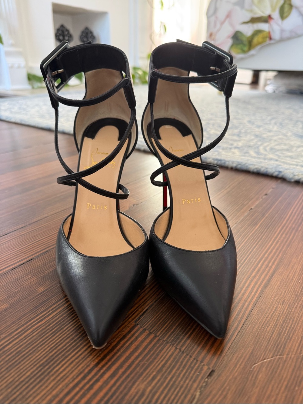 Christian Louboutin Black Pointed-Toe Crisscross Ankle-Strap Heels